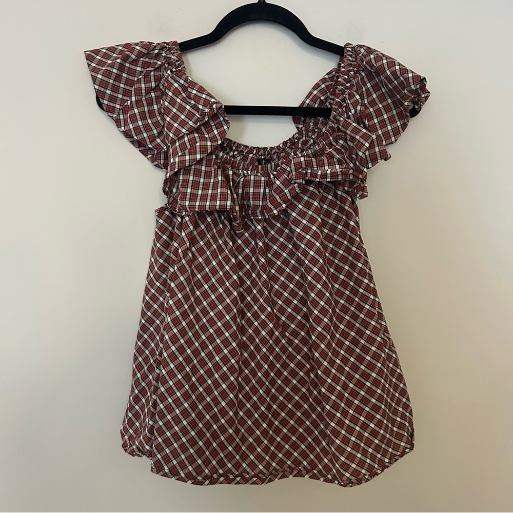 Petersyn Roxie Open Ruffle Cotton Top Red Plaid Blouse